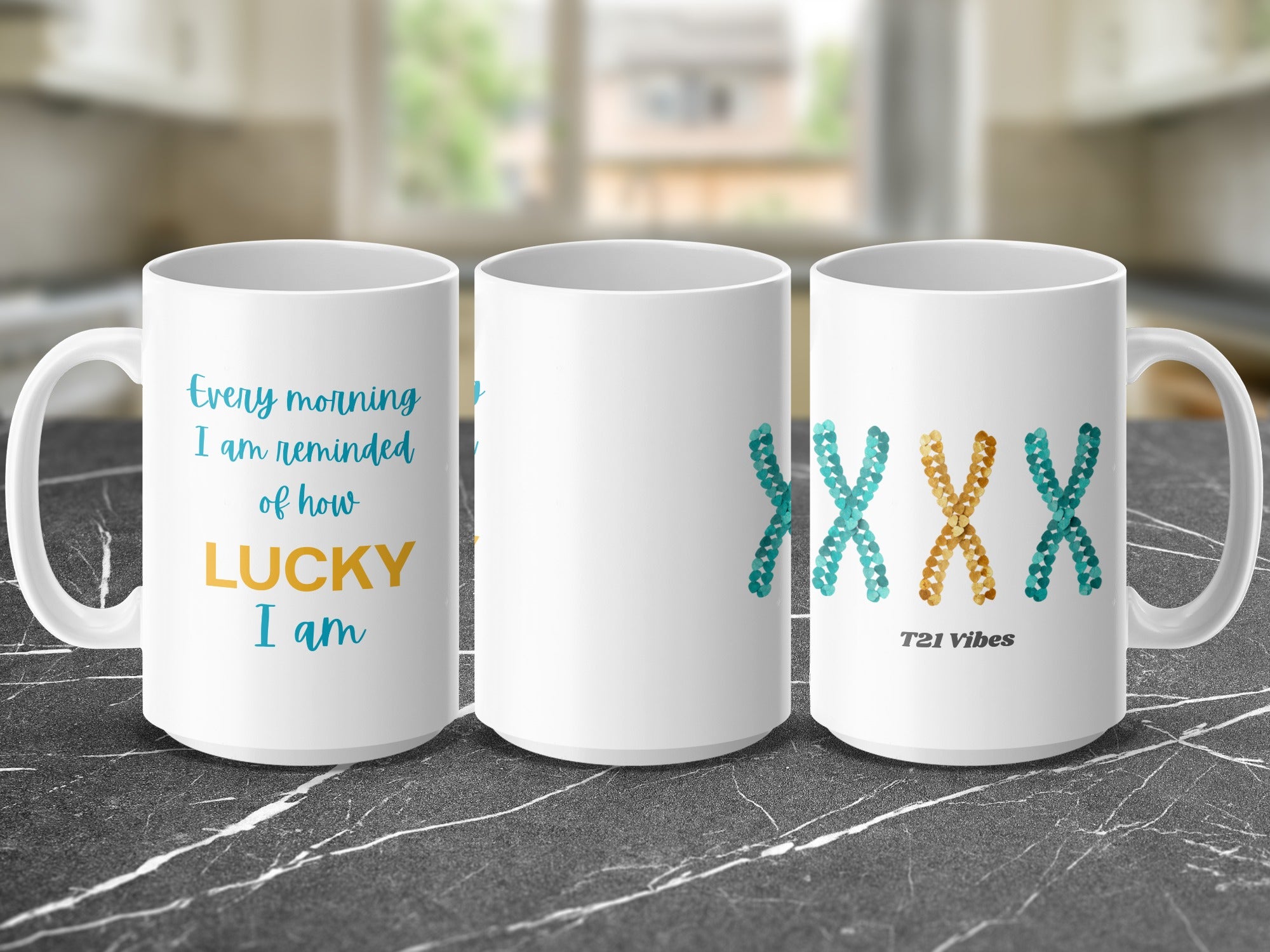 White mug with "Every morning I am reminded of how lucky I am" and DNA helix design.