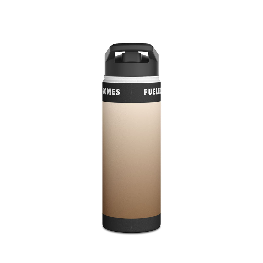 Brown and black insulated water bottle with white and black text.