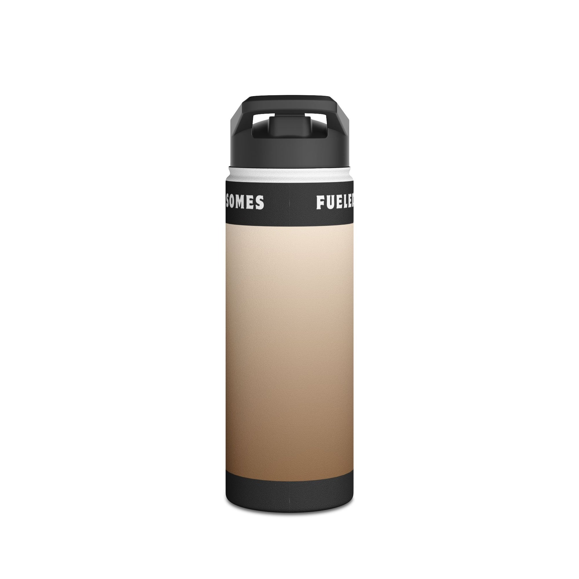Brown and black insulated water bottle with white and black text.