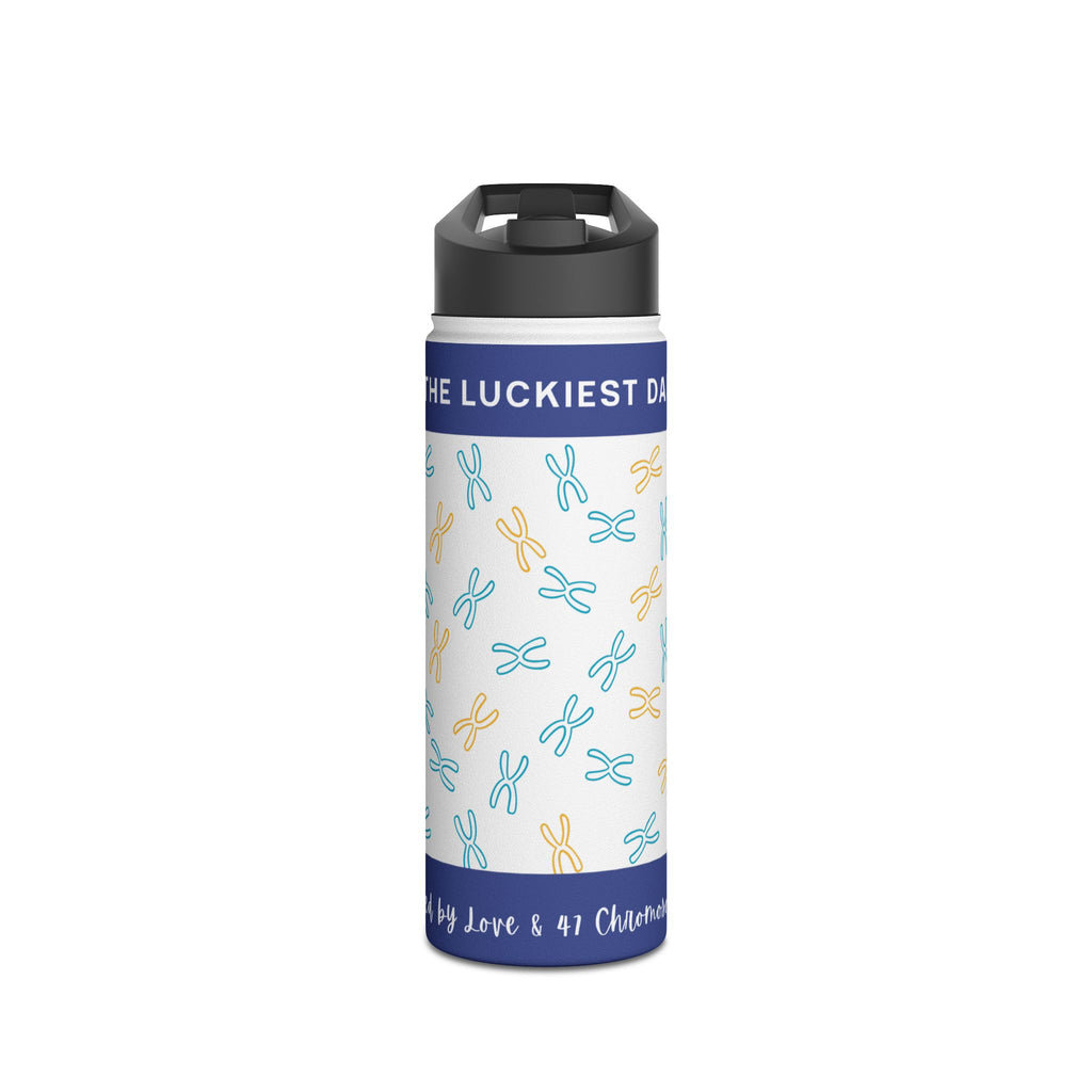 Blue water bottle with pattern of stylized chromosomes and text "THE LUCKIEST DA"