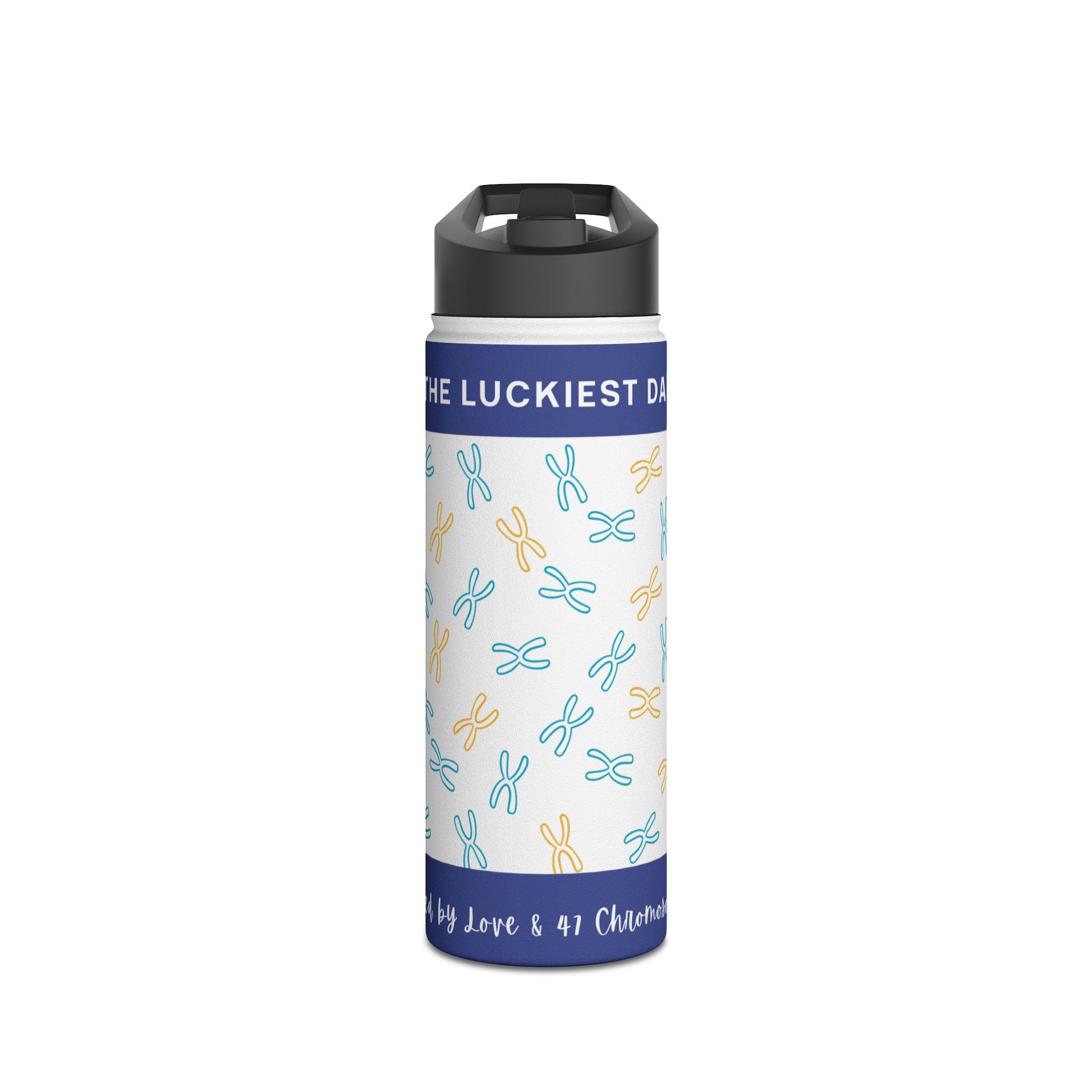 Blue water bottle with pattern of stylized chromosomes and text "THE LUCKIEST DA"