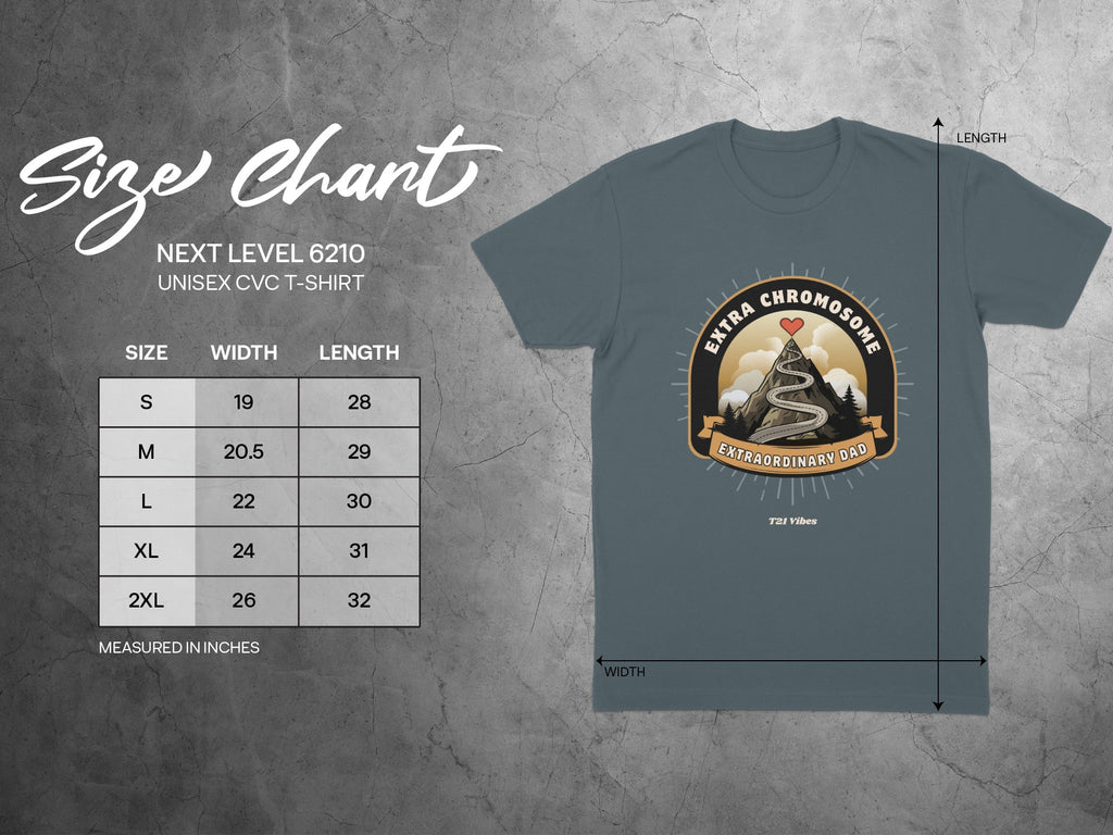 Size chart for a Next Level 6210 unisex t-shirt with "Extraordinary Dad" graphic.