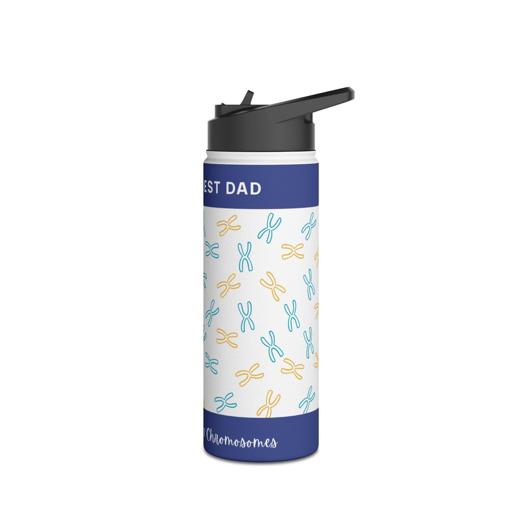 Blue and white water bottle with chromosome pattern and "BEST DAD" text.