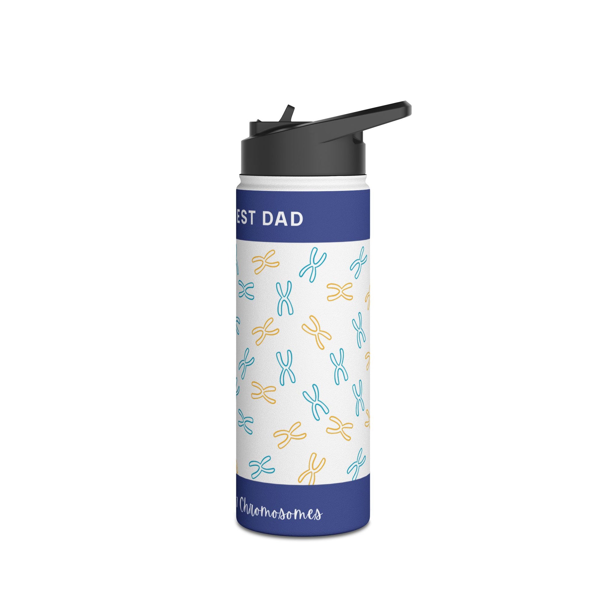 Blue and white water bottle with chromosome pattern and "BEST DAD" text.