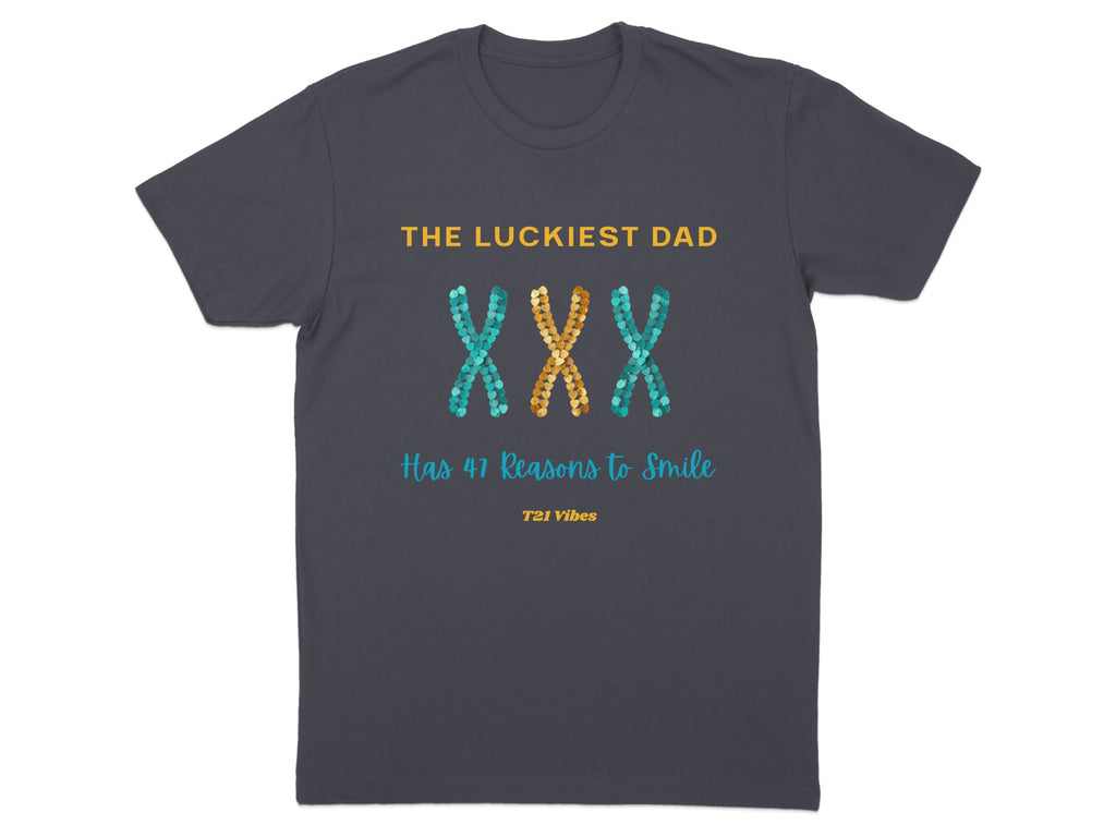 T-shirt with blue and orange ribbon, reading "The Luckiest Dad" and "47 Reasons to Smile".