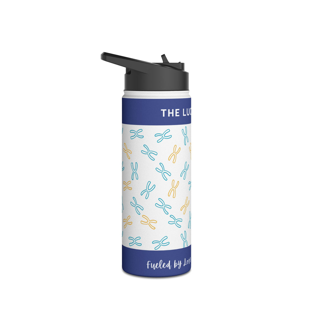 Blue and white water bottle with chromosome pattern and text "THE LUCK" and "Fueled by Love".