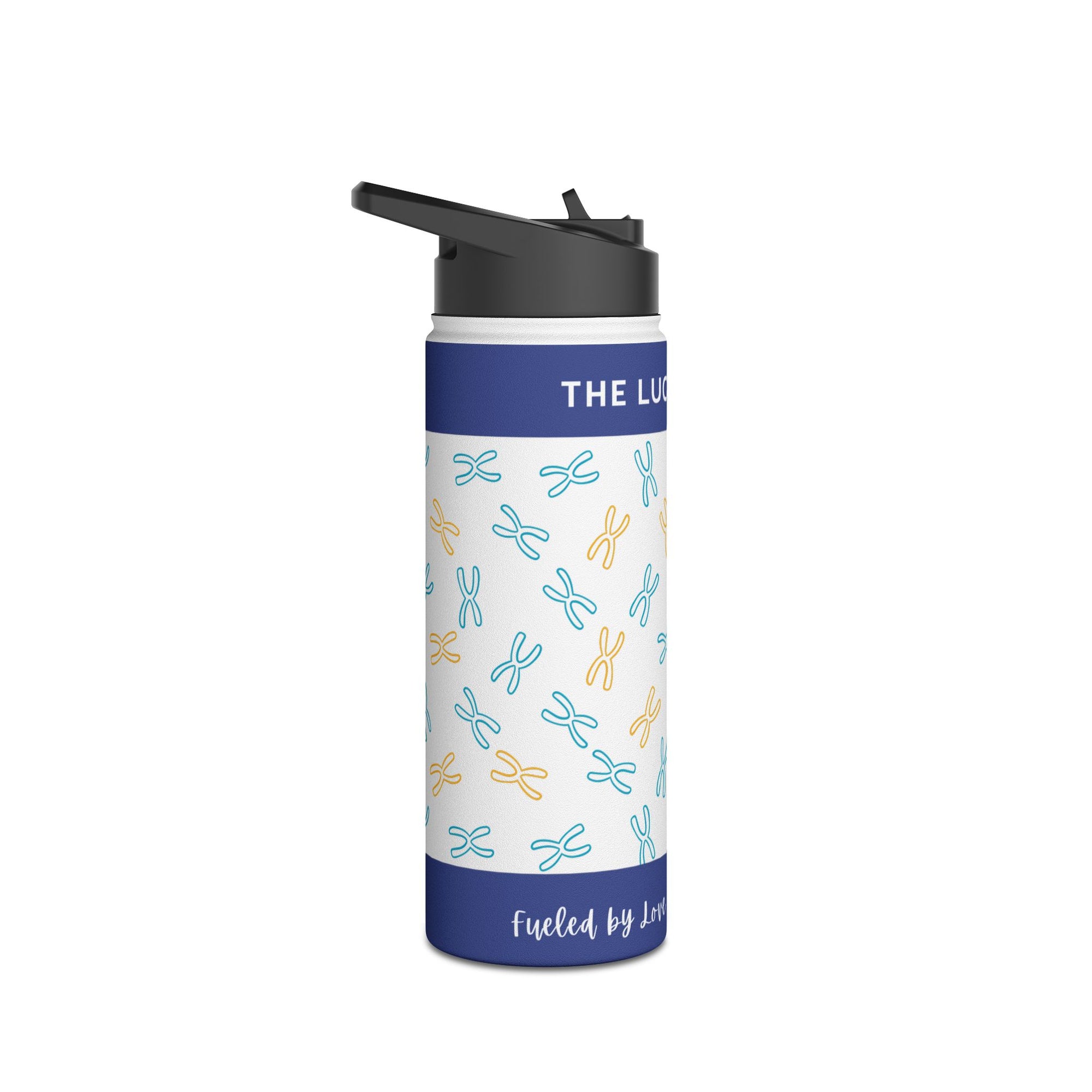 Blue and white water bottle with chromosome pattern and text "THE LUCK" and "Fueled by Love".