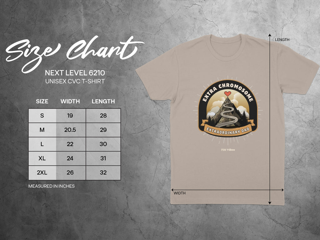 Unisex CVC t-shirt size chart and graphic showing "Extraordinary Dad" mountain design.