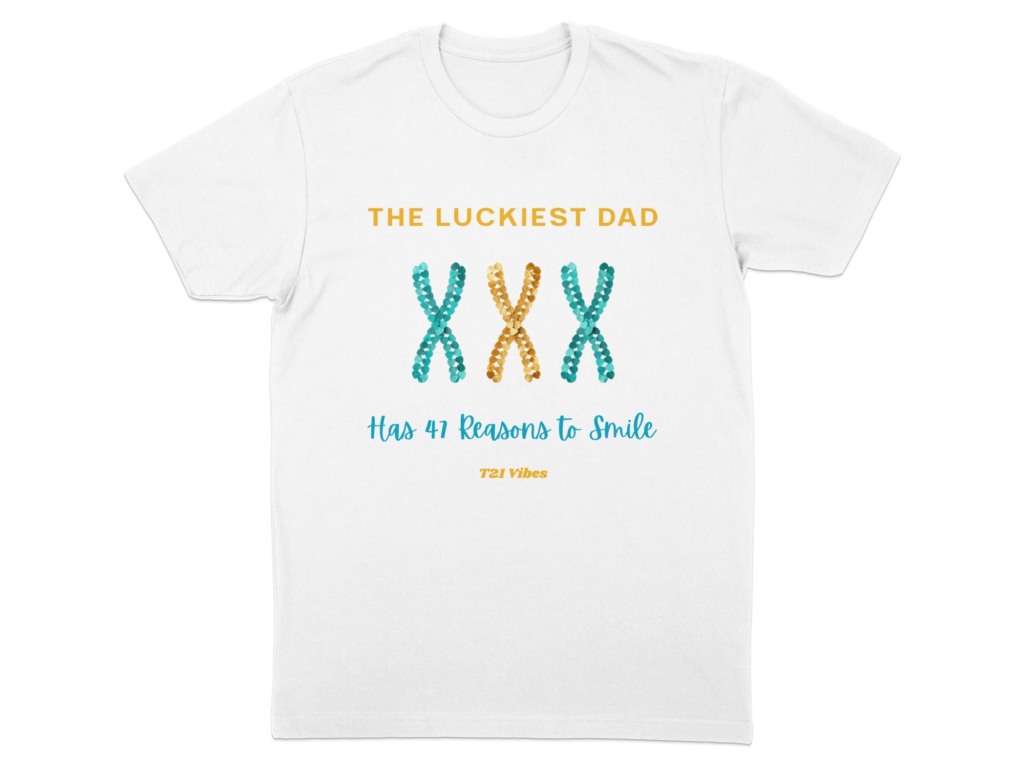 White t-shirt with "THE LUCKIEST DAD" and "47 Reasons to Smile"