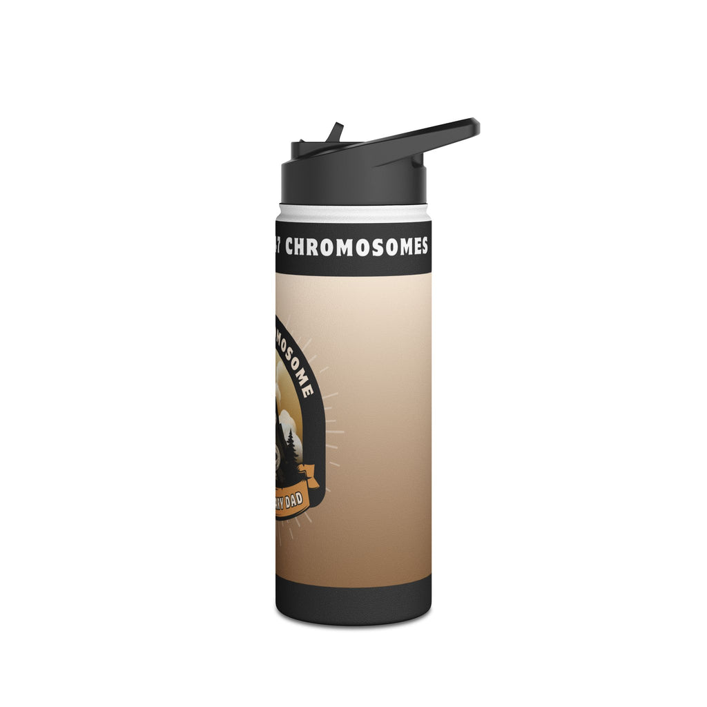 Water bottle with "24 CHROMOSOMES" and a "SUPER DAD" patch.