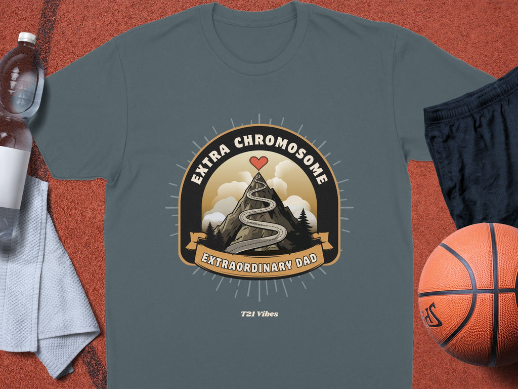 T-shirt with "Extra Chromosome Extraordinary Dad" text and mountain road logo.