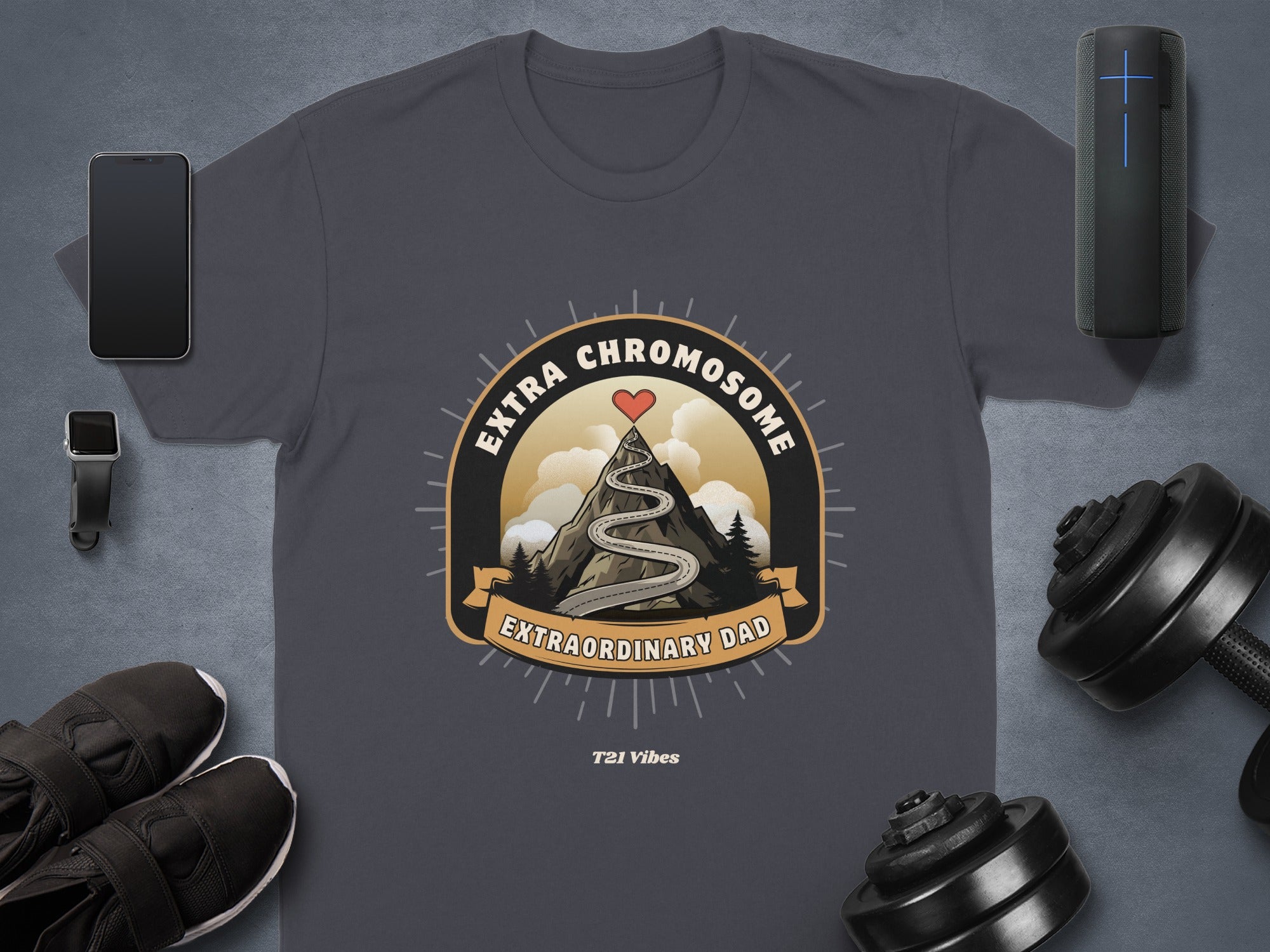 T21 Vibes t-shirt with "Extra Chromosome Extraordinary Dad" mountain graphic.