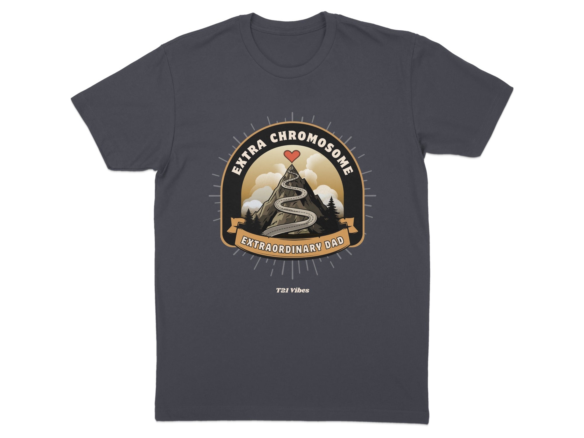 Dark t-shirt with a circular emblem featuring a mountain and the text "EXTRA CHROMOSOME EXTRAORDINARY DAD."