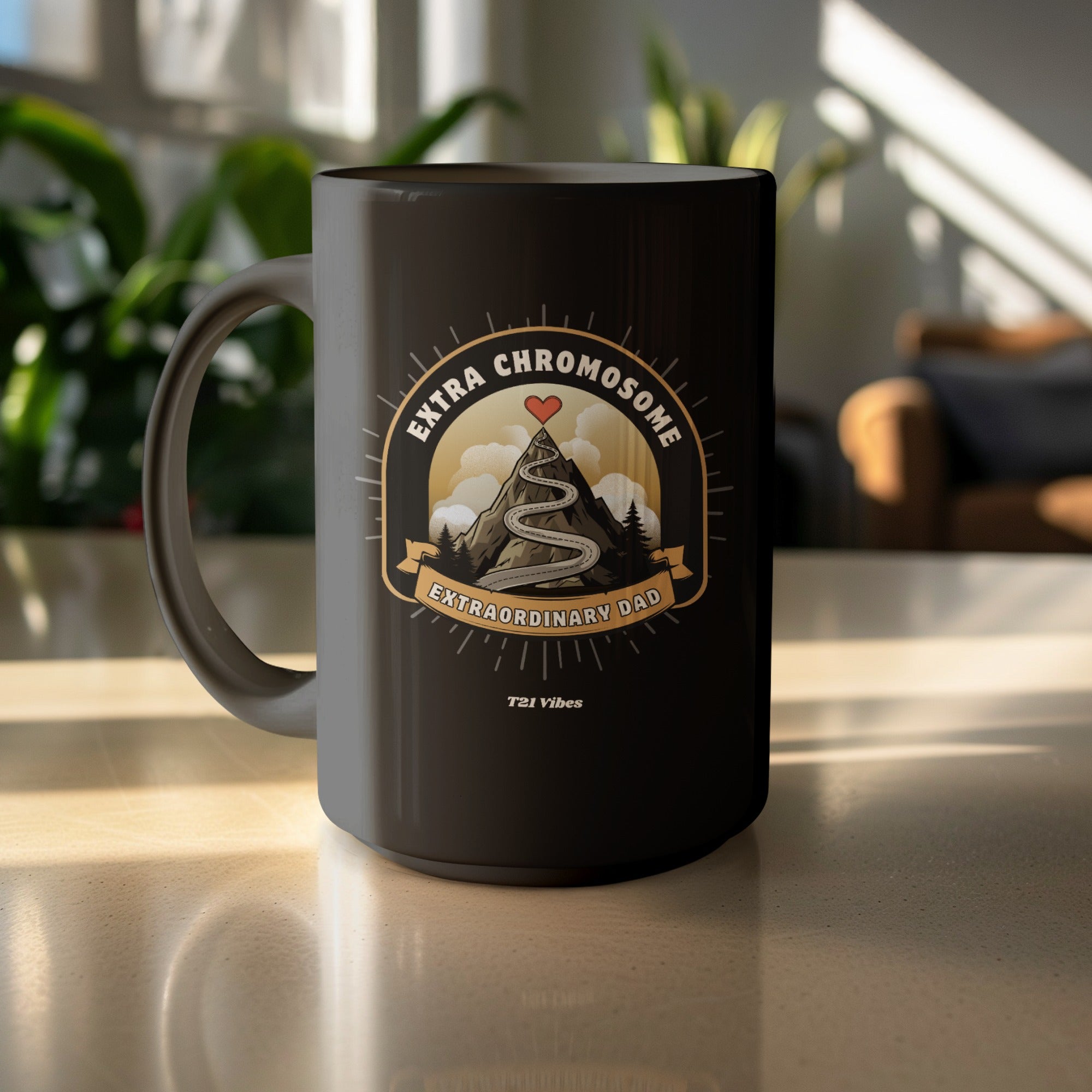 Black mug with "Extraordinary Dad" and mountain design.