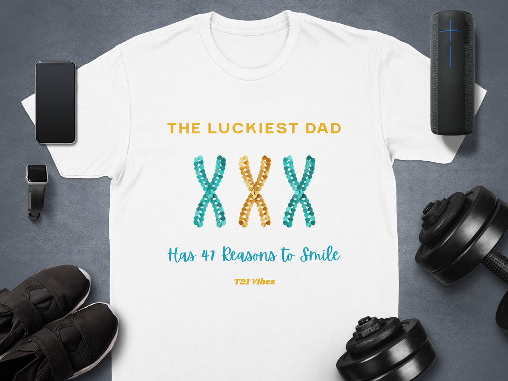 White t-shirt with "The Luckiest Dad" and DNA graphics with "Has 47 Reasons to Smile".