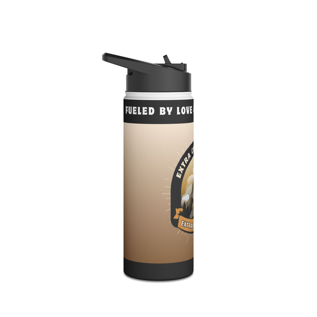 Stainless steel water bottle with "Fueled by Love" and circular logo.