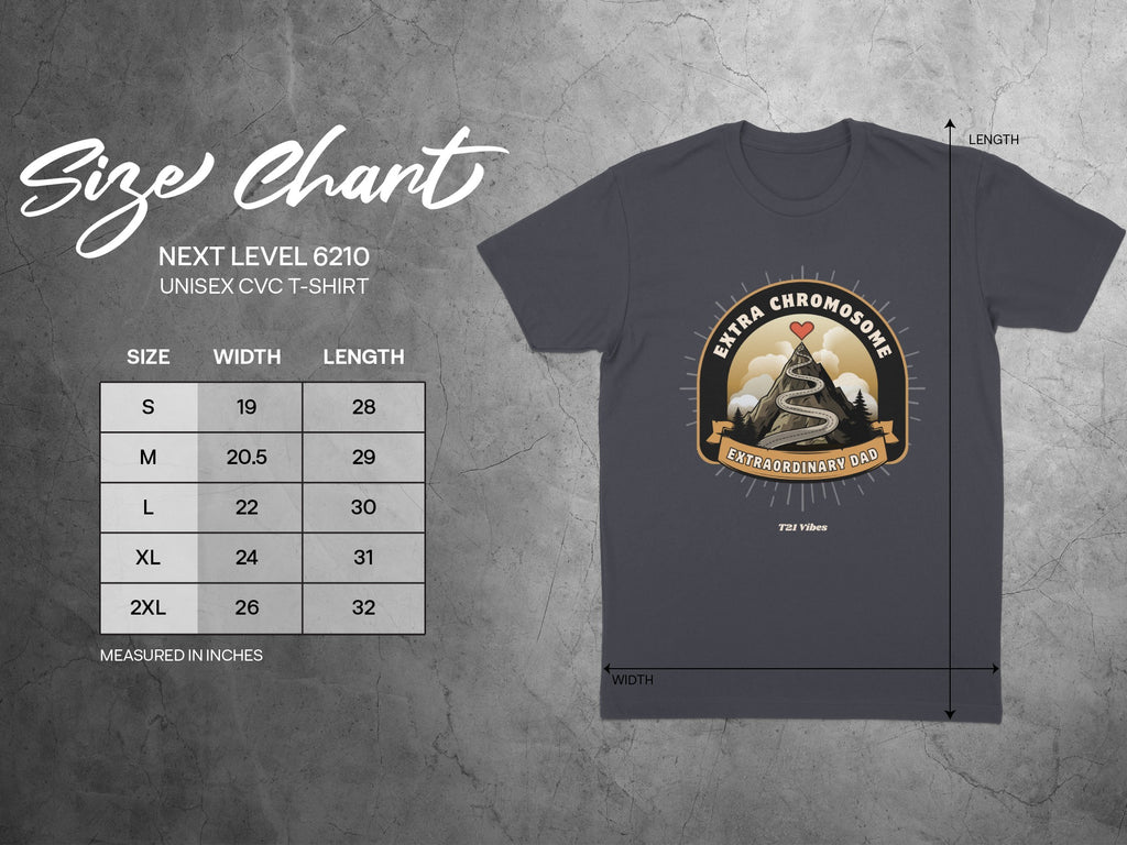 Next Level 6210 unisex t-shirt size chart and "Extraordinary Dad" graphic tee.