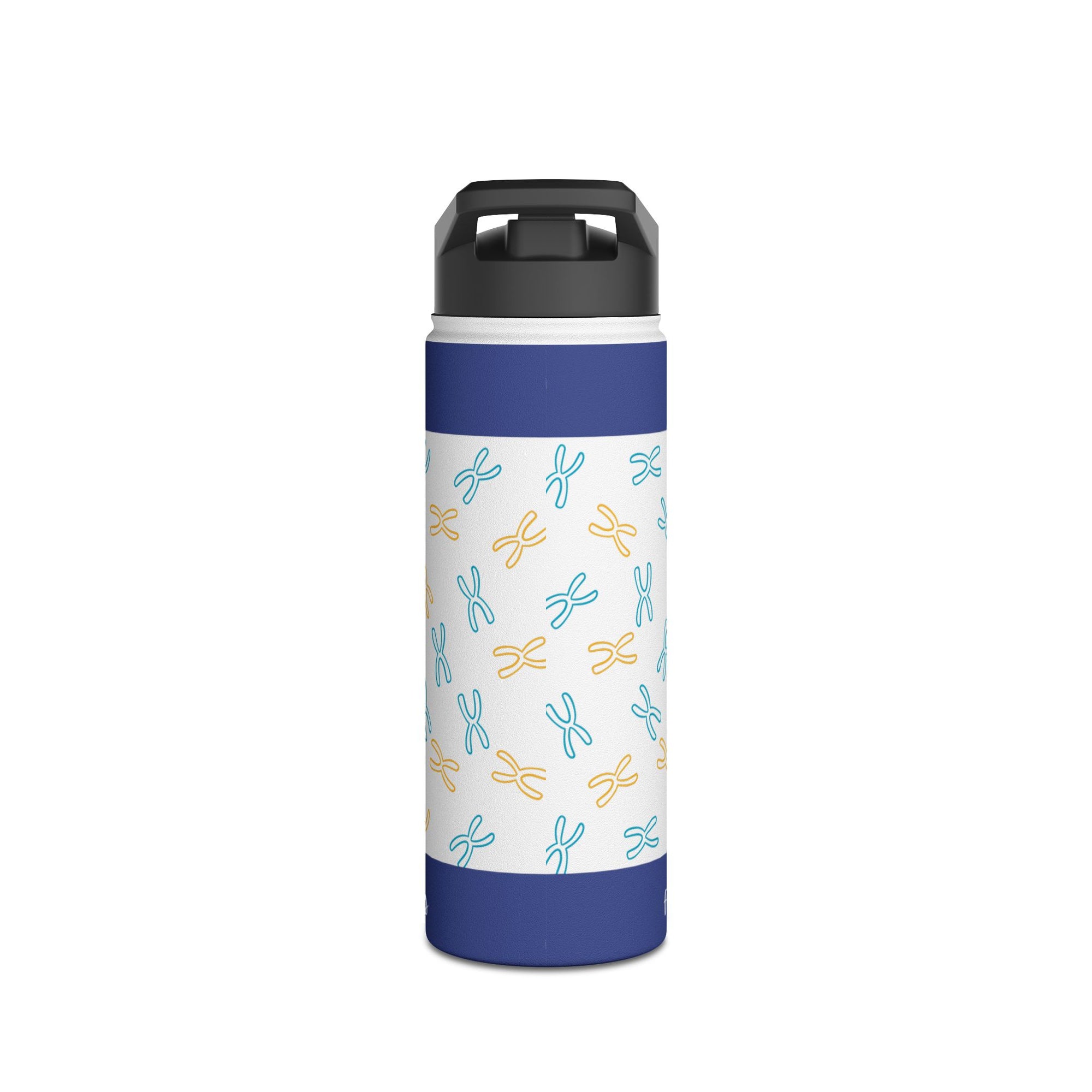 Blue water bottle with a repeating pattern of stylized chromosomes.