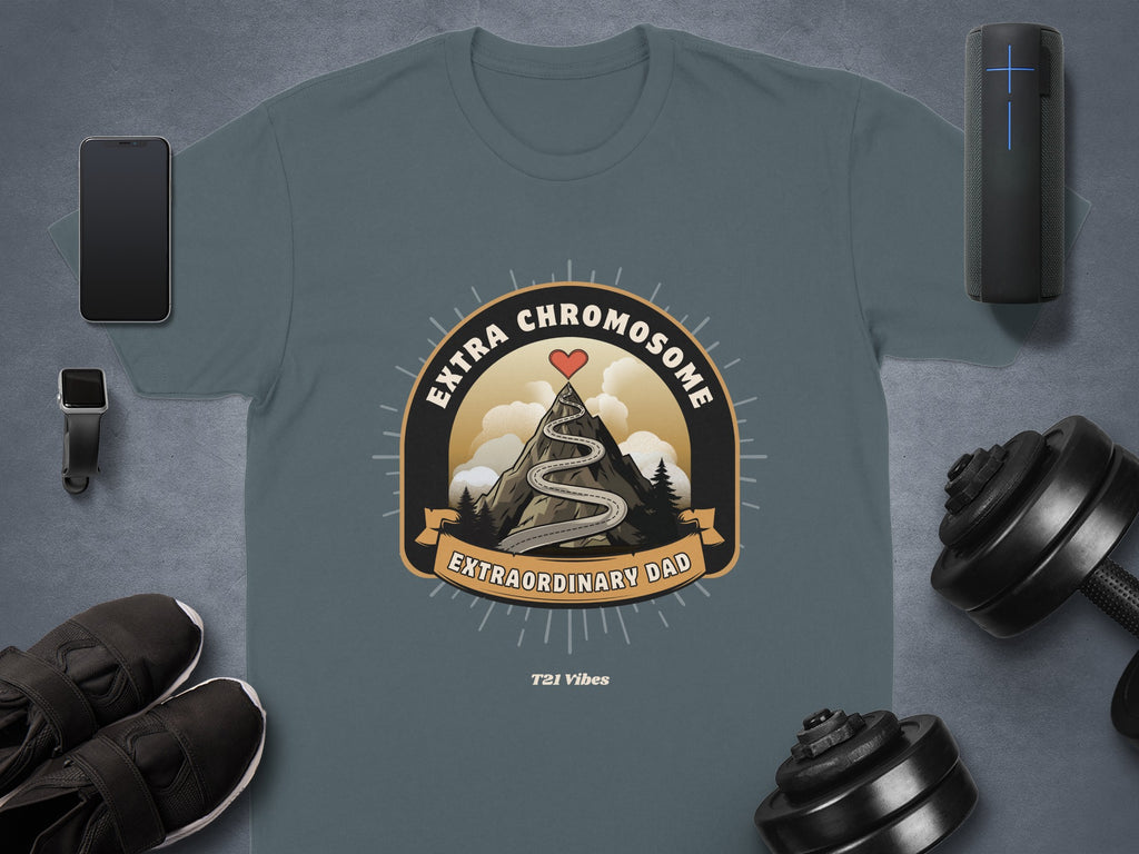 T-shirt with "Extra Chromosome Extraordinary Dad" graphic and mountain scene.