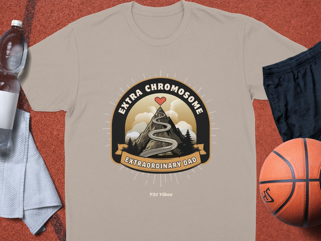 T-shirt with "Extraordinary Dad" text and mountain graphic.