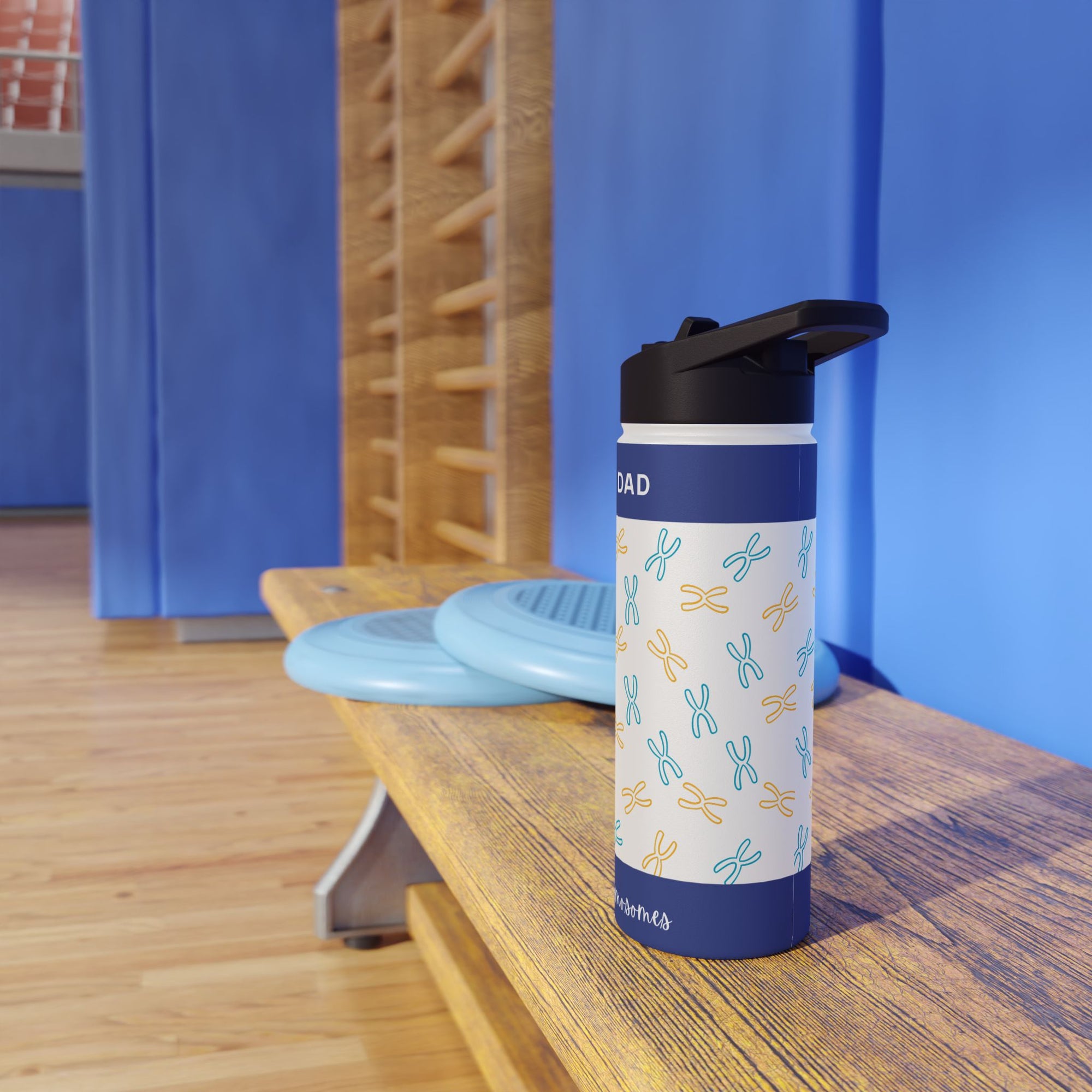 Blue and white water bottle with chromosome pattern on a wooden bench.