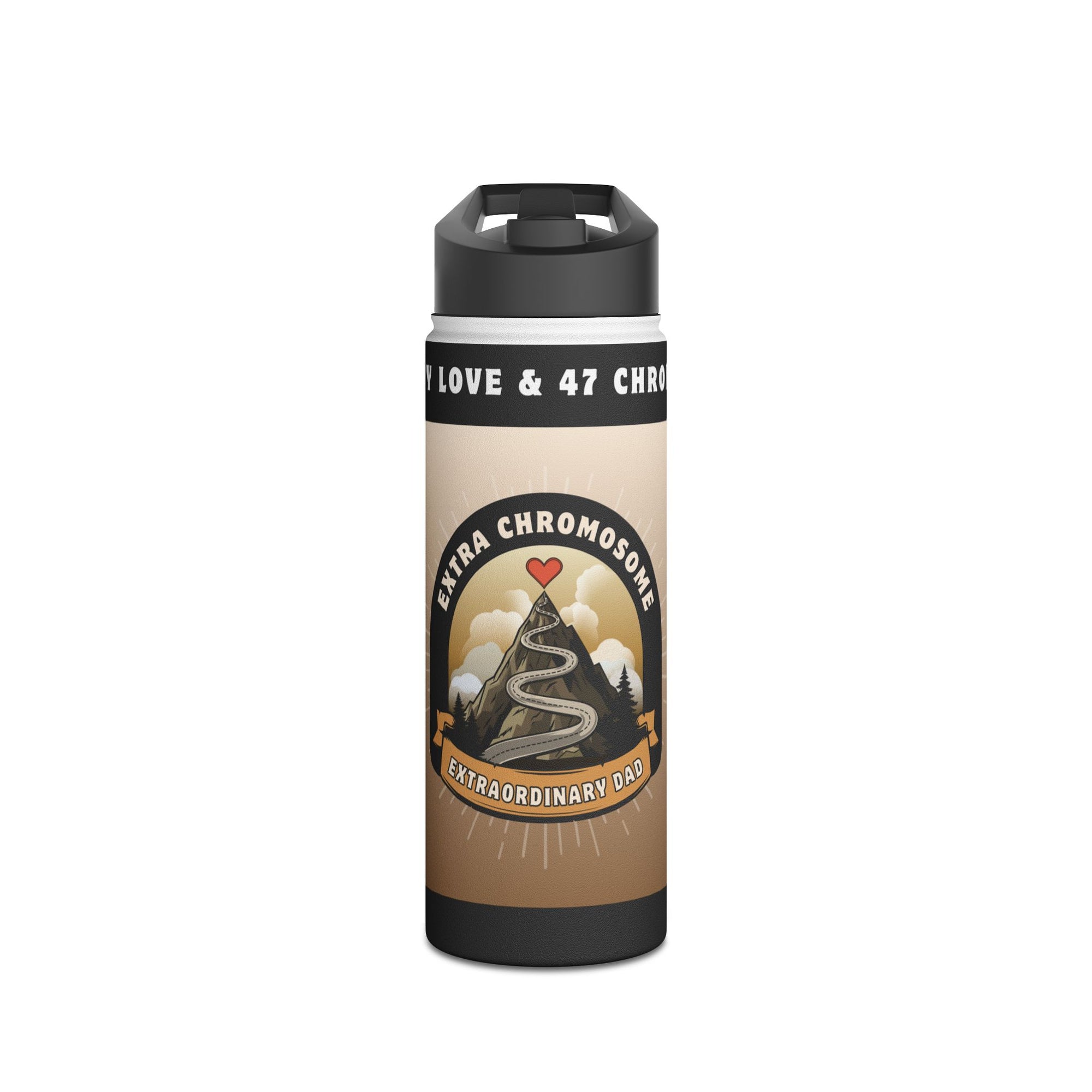 Stainless steel water bottle with "Extra Chromosome, Extraordinary Dad" text and mountain design.