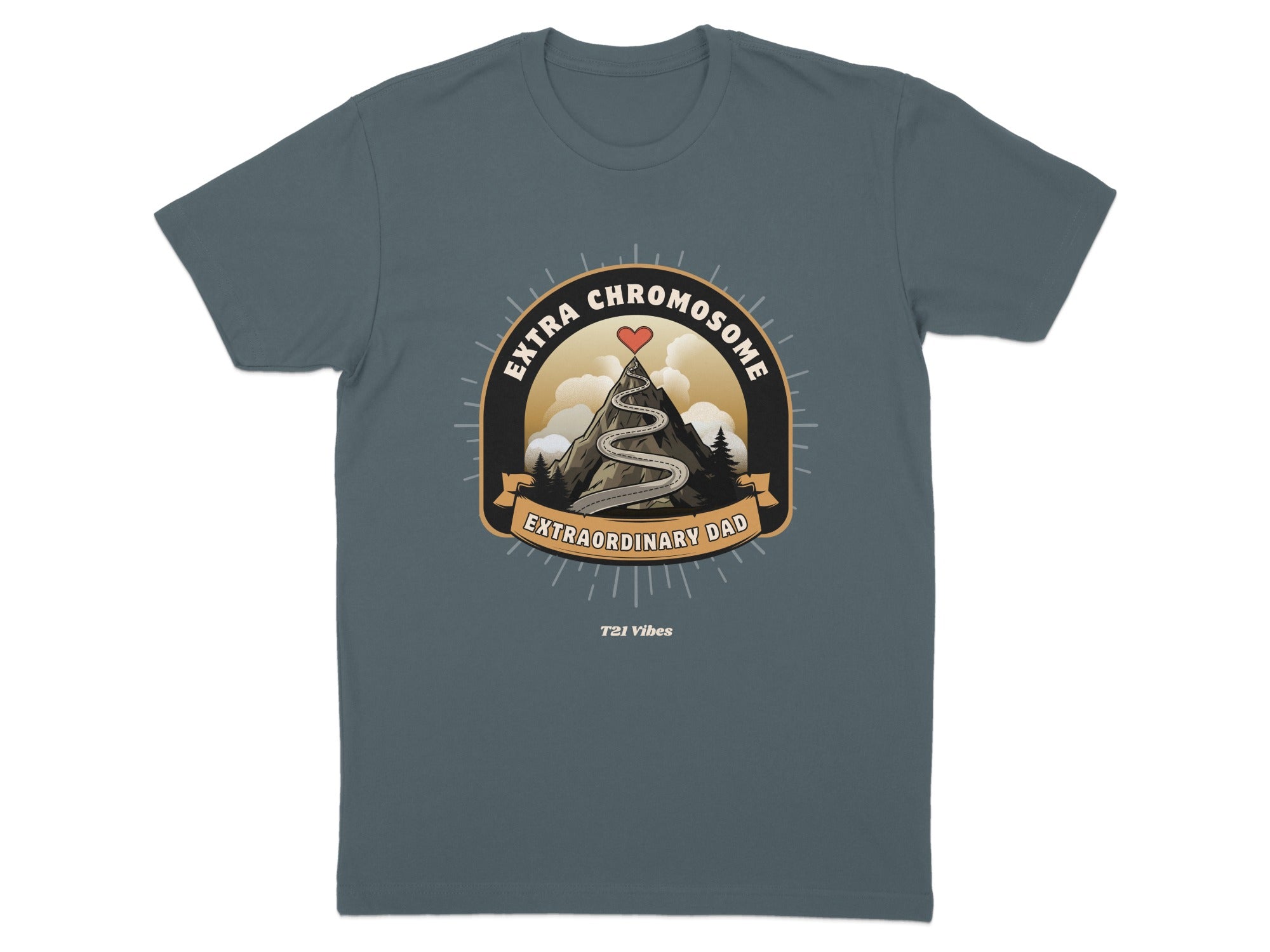 T-shirt graphic with mountains, sunburst, and "Extra Chromosome Extraordinary Dad" text.