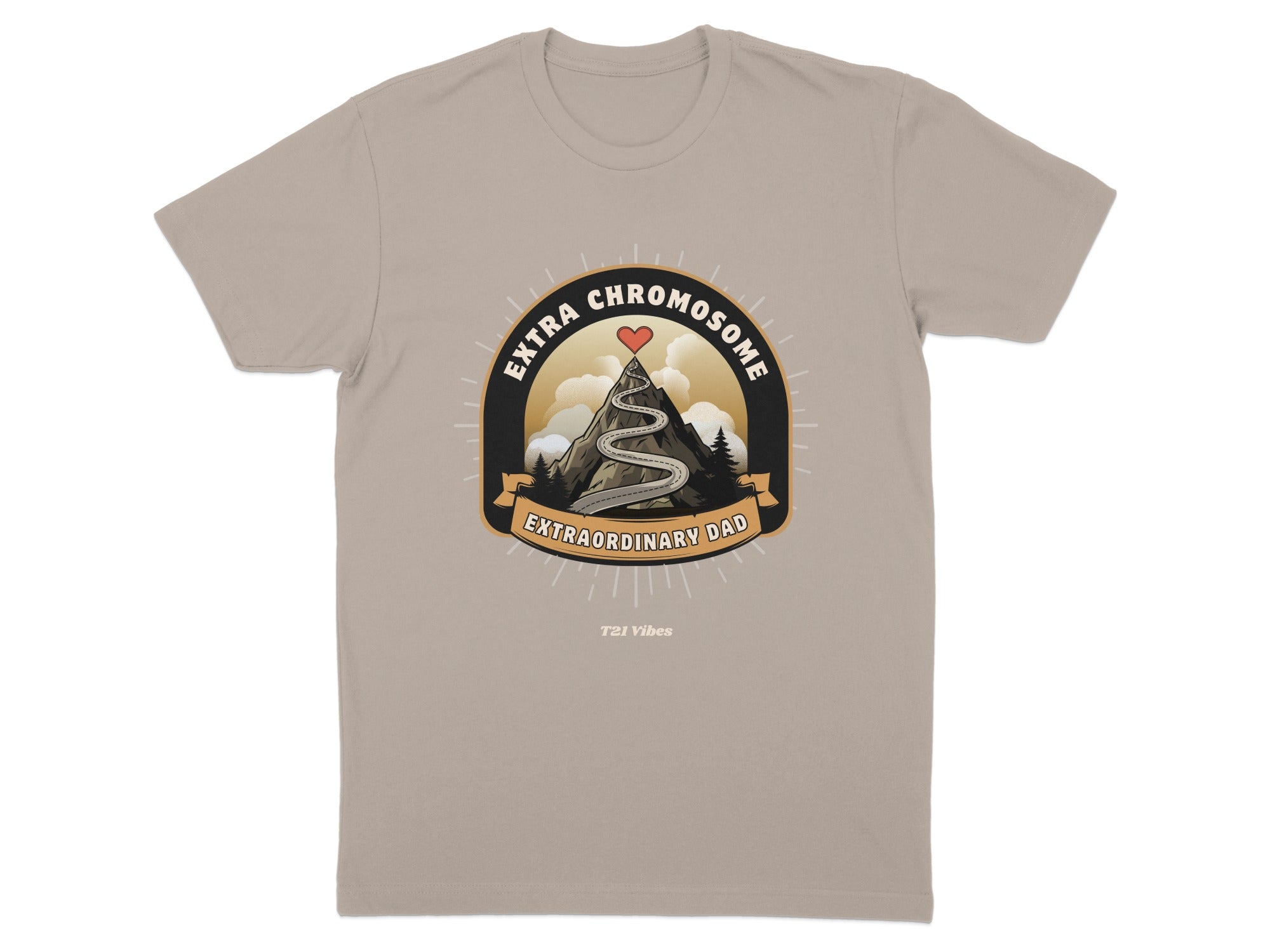 T-shirt graphic: "Extra Chromosome Extraordinary Dad" text around a mountain scene.