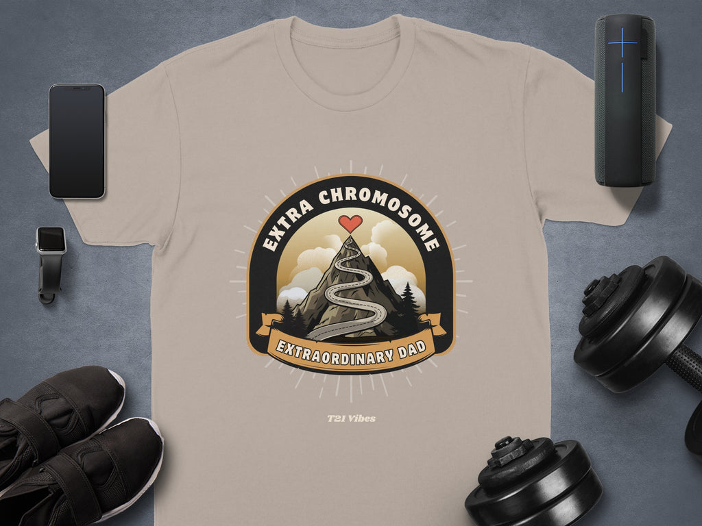 T-shirt with "Extra Chromosome Extraordinary Dad" text and mountain graphic.