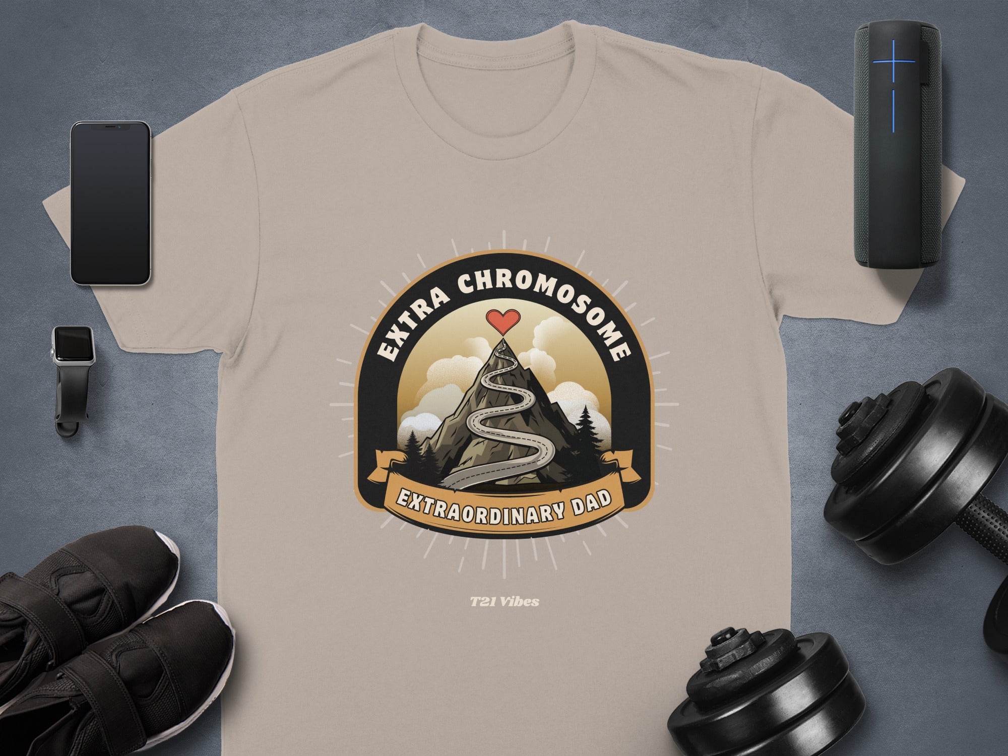 T-shirt with "Extra Chromosome Extraordinary Dad" text and mountain graphic.